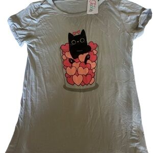 Gray T-Shirt with Black Cat and Pink Hearts